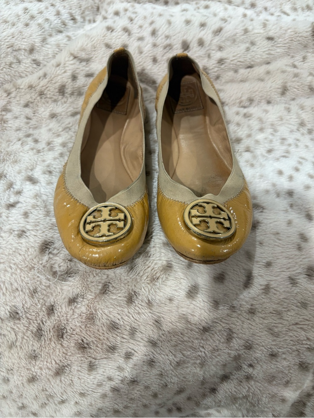 Tory Burch Mustard Patent Leather Logo Ballet Flats